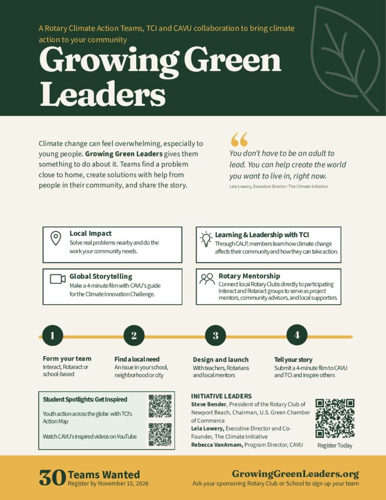 Growing Green Leaders one-page flyer: a Rotary Climate Action Teams, TCI and CAVU collaboration. Teams form, find a local need, design and launch a solution, and tell their story in a 4-minute film. 30 teams wanted, register by November 15, 2026. Click to open the PDF.