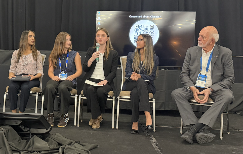 Shivi Kumar, Sophia D'Angelo, Maia Cook and Shreya Kumar interview Past RI President Barry Rassin on the Environmental Xperience stage at EarthX 2026