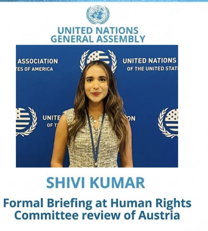 Shivi Kumar in front of a United Nations backdrop, with the caption: Formal Briefing at Human Rights Committee review of Austria